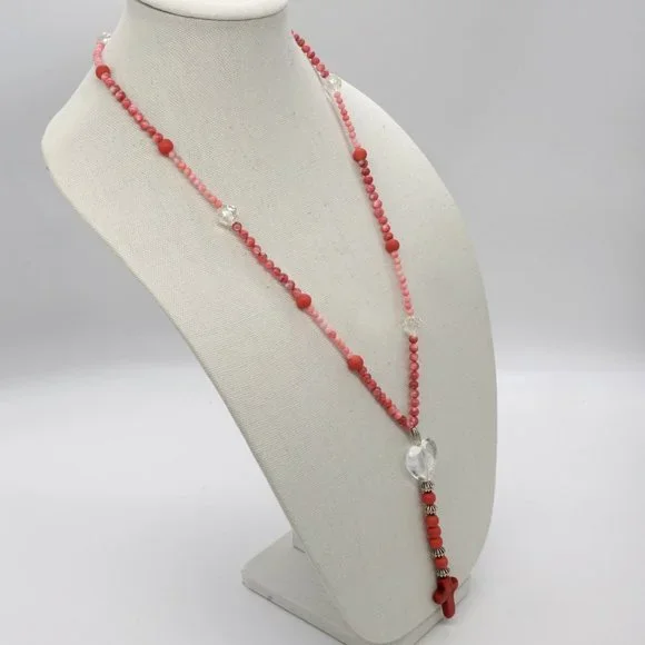 Necklace with Coral beads, Silver Accents and Stone Cross. - Picture 2 of 3